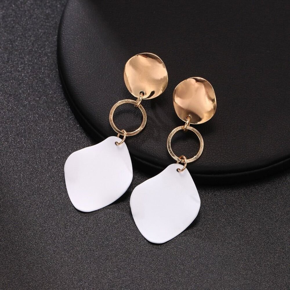 Retro Modernist Geometric White Enamel Gold Metal Wavy Dangle Earrings